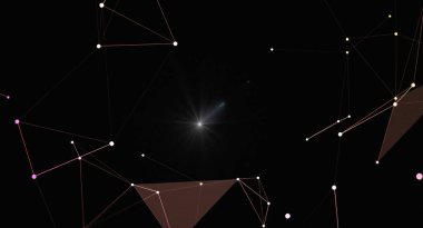 Karanlık bir arka planda parlayan çizgiler ve düğümlerden oluşan soyut bir geometrik ağ. Merkezde parlak bir yıldız gibi parlayan ışık, veri bağlantılarını ve yenilikleri temsil eden, geleceksel ve teknolojik bir his yaratıyor..