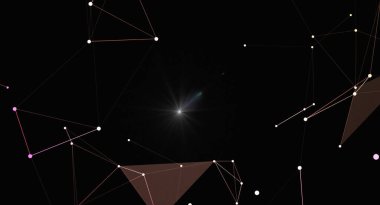 Bir merkezi ışık noktası ve geometrik şekillerle teknolojik bir bağlantı gösteren soyut bir illüstrasyon. Tasarım fütüristik iletişim, dijital ağlar ve modern bilimi çağrıştırıyor..