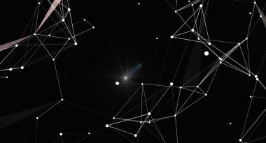 Dijital ağ bağlantısına sahip fütüristik soyut bir arkaplan. Beyaz çizgiler ve noktalar, parlak merkezi bir yıldızın aydınlattığı siyah bir zemin üzerinde geometrik bir yapı oluşturur. Teknoloji, bilim veya modern tasarım projeleri için mükemmel..