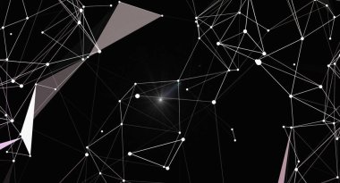 Karanlık bir arkaplanda birbirine bağlı çizgiler ve noktalardan oluşan soyut bir arkaplan. Bu tasarım, çeşitli yaratıcı projeler için uygun teknoloji, iletişim ve dijital bağlantı temalarını çağrıştırır..