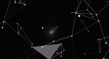 Geometrik şekilli soyut ağ bağlantısı arkaplanı. Siyah arka planda noktaları ve çizgileri birleştiren fütüristik teknoloji tasarımı kavramı. Bilim, teknoloji veya veri görselleştirme projeleri için mükemmel.