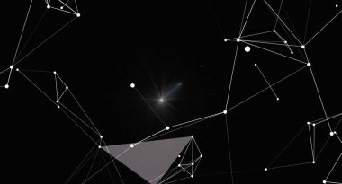 Ağ bağlantısını temsil eden beyaz çizgiler ve noktalarla soyut siyah arkaplan. Bu resim dijital teknolojiyi, iletişimi, veri bağlantılarını ve modern bilim kavramlarını gösteriyor. Teknoloji web siteleri veya sunumlar için mükemmel.