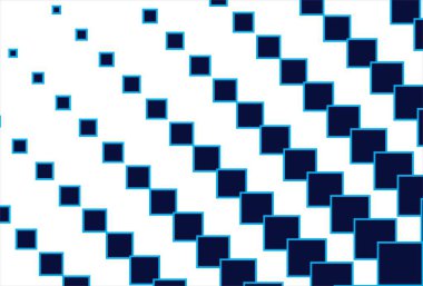 Cyan kenarlı koyu mavi kareler içeren soyut bir geometrik arkaplan, beyaz arkaplanda dinamik olarak küçülen bir desen şeklinde düzenlenmiştir. Modern tasarımlar, duvar kağıtları veya yaratıcı projeler için uygundur..