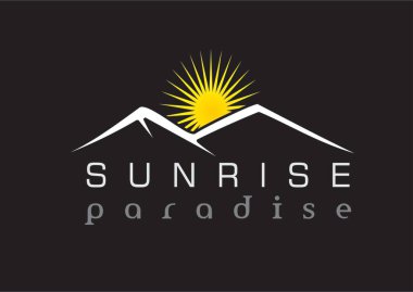 Minimalist bir logo tasarımı stilize edilmiş bir dağ silsilesi ve tepelerin üzerinde parlayan bir güneş var. 