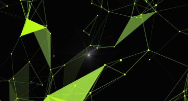 Yeşil çokgen ağlı soyut arkaplan ve koyu arkaplanda parlayan ışık. Bu tasarım teknoloji, bilim veya fütüristik temalar için mükemmeldir. Ağ bağlantı ve veri akışını öneriyor.