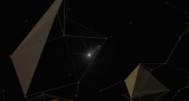 Bağlı nokta ve çizgilerle soyut koyu arkaplan. Pleksus etkisi. Poligonal ağ ve parlayan ışıkla gelecek teknolojisi. Ağ bağlantısı yapısı. Vektör illüstrasyonu.