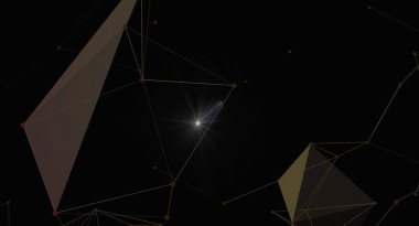 Karanlık bir zemin üzerinde soyut geometrik ağ bağlantısı, çizgilerle birbirine bağlı çokgen şekiller, parlayan bir düğüm, veri, teknoloji ve modern iletişim kavramlarını temsil eden.