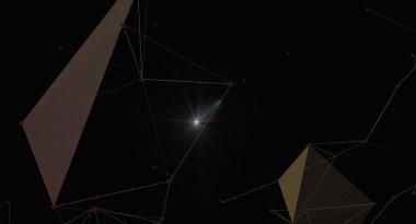 Merkezi bir yıldız patlaması ile soyut geometrik ağ arkaplanı. Tasarım, karanlık bir arkaplan karşısında birbirine bağlı çizgiler ve üçgenler içeriyor, geleceksel ve teknolojik bir his yaratıyor. Bilim, teknoloji ve yaratıcı projeler için ideal..