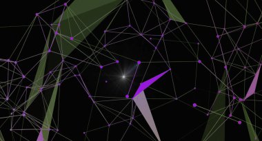 Işık patlaması ile soyut geometrik ağ arkaplanı. Modern teknoloji, bilim ve fütüristik tasarımlar için mükemmel. Karanlık bir arkaplanda çizgileri ve noktaları birleştiren özellikler, karmaşık ve yenilikçi bir model oluşturur.