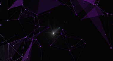 Karanlık bir arkaplan karşısında birbirine bağlı mor düğümler ve çizgilerden oluşan modern bir soyut arkaplan. Parlak bir yıldız ışığı, teknoloji, iletişim ya da dijital tasarım projeleri için mükemmel bir fütüristik dokunuş ekler..