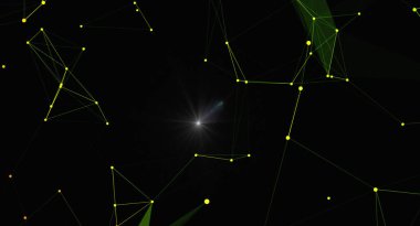 Karanlık bir arkaplanda parlayan düğümler ve çizgilerden oluşan dinamik soyut bir arkaplan. Tasarım, bağlantı, teknoloji ve modern iletişimi gösteriyor. Teknoloji, bilim veya işle ilgili projeler için ideal.