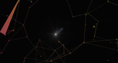 Merkezi parlayan bir ışık kaynağıyla ağ bağlantısı tasvir eden soyut fütüristik bir arkaplan. Görüntü, teknolojiyi, veriyi, iletişimi ve dijital ortamda sistemlerin birbirine bağlılığını gösteriyor. Resmetmek için ideal kavram ilişkilendirmesi