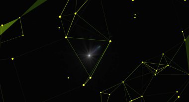 Parlayan geometrik ağ bağlantısı olan soyut bir arkaplan. Dijital veri görselleştirme kavramı. Noktalı ve çizgili gelecek tasarımı. Teknoloji, bilim ve iletişim temaları için illüstrasyon.