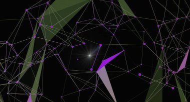 Karanlık bir zemin üzerinde düğümler ve çizgilerle soyut bir ağ bağlantısı, teknoloji, bilim ve modern tasarım temaları için ideal. Geometrik desenler ve canlı renkler fütüristik ve yenilikçi bir görsel yaratıyor..