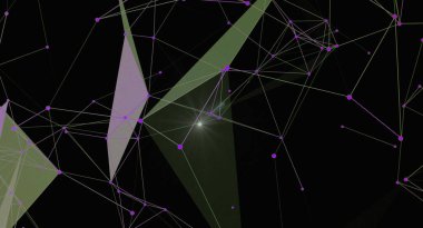 Mor düğümlü ve yeşil üçgenli bir ağ bağlantı yapısına sahip soyut arkaplan. Teknoloji, veri, bilim ve dijital kavramları temsil eder. Duvar kağıdı veya grafik ögesi olarak kullanılabilir.