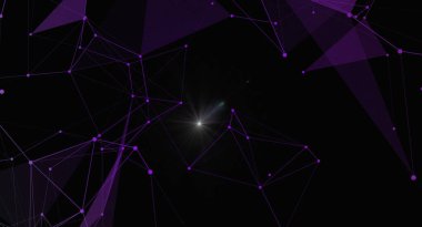 Merkezdeki parlak bir ışık kaynağı tarafından aydınlatılan birbirine bağlı noktalar ve çizgiler ile mor bir ağ bağlantısına sahip modern bir soyut arkaplan. Bu dijital tasarım teknolojiyi, veriyi ve gelecekteki konseptleri temsil eder, s cinsinden kullanıma uygundur.