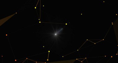 Noktaları ve çizgileri birleştiren soyut teknoloji geçmişi. Koyu arkaplan üzerinde parlak ışık etkisine sahip altın ağ bağlantı yapısı. Dijital ya da bilim konsepti olarak kullanılabilir.