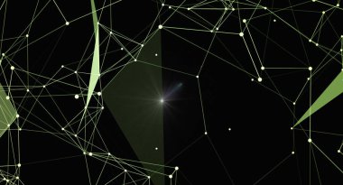 Noktaları ve çizgileri birleştiren soyut teknoloji geçmişi. Ağ bağlantısı yapısı. Dijital veri görselleştirme. Karanlık zemin üzerinde ışık etkisi olan gelecekçi geometrik çokgen şekil. 