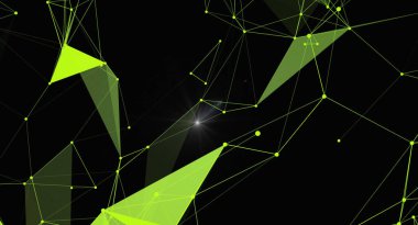 Siyah bir arkaplan üzerinde yeşil bağlantılı nokta ve çizgilerin yer aldığı soyut bir ağ arkaplanı. Teknoloji, veri, bilim veya fütüristik kavramlarla ilgili tasarımlar için uygundur. Çokgen yapı modern ve dijital bir dokunuş ekler.