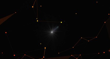 Karanlık bir arkaplan karşısında birbirine bağlı turuncu noktalar ve çizgilerden oluşan modern bir soyut arkaplan. Tasarım bir bağlantı, veri akışı ve fütüristik teknolojiyi çağrıştırıyor, yenilik kavramlarını aktarmak için mükemmel, komün