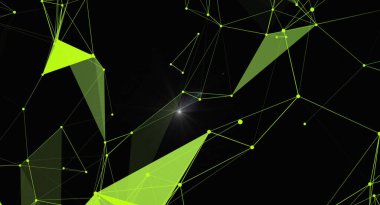 Neon yeşil geometrik şekillere, çizgilere ve noktalara sahip soyut bir dijital ağ arka planı, gelecekteki teknolojiyi, veri bağlantısını ve modern tasarımı gözler önüne seriyor..