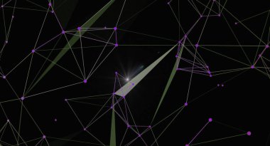 Birbirine bağlı çizgilerin ve koyu arkaplandaki noktaların soyut çizimi. Bir ağ bağlantısı, veri akışı veya bilimsel görselleştirme sunar, teknoloji ve bilim temalı projeler için mükemmeldir.
