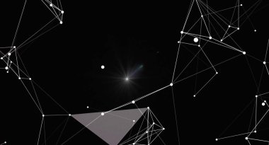 Siyah zemin üzerinde beyaz çizgiler ve noktalar olan soyut fütüristik arkaplan. Teknoloji, bilim ve dijital iletişimi temsil ediyor. Modern ve yaratıcı tasarımlar için ideal..