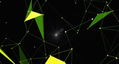 Parlayan sarı, yeşil çizgiler ve geometrik şekillerin yer aldığı modern bir soyut ağ arka planı. Teknolojiyi, dijital bağlantıları ve gelecekteki iletişim ağlarını temsil eder..