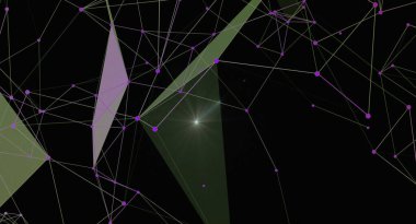 Çizgiler ve düğümlerle birbirine bağlı geometrik şekillerden oluşan bir ağ içeren soyut arkaplan. Tasarım, modern ve fütüristik bir estetik yaratmak için üçgenler ve noktalar içeriyor. Teknoloji, bilim veya dizaynla ilgili projeler için ideal.