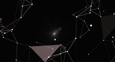 Noktaları ve çizgileri birleştiren soyut geometrik ağ arka planı. Parlak yıldızlı fütüristik dijital konsept ve karanlık bir arkaplanda parlayan ışık. Teknoloji, bilim veya veri görselleştirme projeleri için ideal.