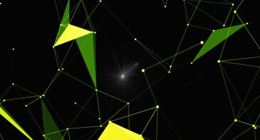Siyah zemin üzerinde parlayan ışık ve yeşil üçgenler olan soyut bir geometrik ağ. Görüntü, birbirine bağlı çizgiler ve noktalardan oluşan bir ağı, geleceksel ve teknolojik bir atmosfer yaratıyor. Çokgen şekiller ve canlı renkler ekler
