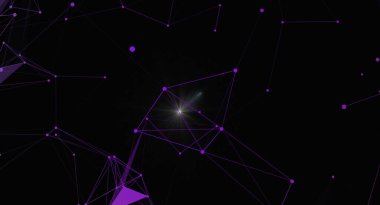 Mor ağ pleksusuyla soyut fütüristik arkaplan ve parlak bir ışık patlaması. Dijital projeler için bağlantı, teknoloji ve modern tasarım.