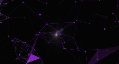 Siyah zemin üzerindeki noktaları ve çizgileri birleştiren mor ağ pleksusuyla soyut bir arkaplan. Fütürist teknoloji tasarımı. Vektör illüstrasyonu