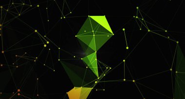 Siyah zemin üzerinde yeşil bağlantılı çokgenlerin ve çizgilerin yer aldığı modern ve soyut bir arkaplan. Teknoloji, bilim ya da modern tasarım kavramları için harika. Yüksek çözünürlüklü görüntüleme.