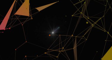 Karanlık bir arkaplan üzerinde ışıldayan bir merkez noktası olan soyut geometrik ağ. Bu görüntü bağlantıyı, teknolojiyi ve gelecekteki kavramları temsil ediyor. Veri ağlarını, bilimsel yenilikleri ve modern dijital tasarımları resmetmek için mükemmel.