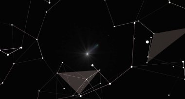 Karanlık bir uzay arkaplanına karşı geometrik bir takımyıldız tasarımı içeren çarpıcı soyut bir arkaplan. Beyaz çizgiler ve noktalar çokgen bağlantılar oluşturarak ağ ve veri akışı hissi yaratır. Parlak bir ışık kaynağı bir odak noktası ekler,