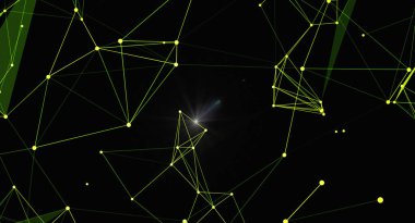 Siyah bir arkaplan üzerindeki çizgilerle birbirine bağlı parlayan düğümlerle soyut ağ arkaplanı. Teknoloji, bilim ya da fütüristik temalar için ideal. Bağlantı, iletişim ve veri akışını temsil eder.