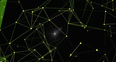 Geometrik şablona bağlı yeşil çizgiler ve noktalardan oluşan bir ağ içeren soyut bir arkaplan. Merkezi ışık bir odak noktası ekler, veri, teknoloji ve birbirine bağlılığı önerir. Bilim, teknoloji veya dijital medya projeleri için ideal.