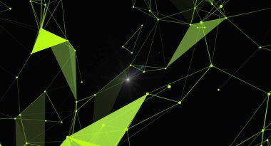 Siyah zemin üzerinde yeşil çizgiler ve çokgenler olan soyut geometrik arkaplan. Modern teknolojiyi, veri bağlantısını ve gelecekçi kavramları temsil ediyor. Bilim, teknoloji veya tasarım projeleri için mükemmel..