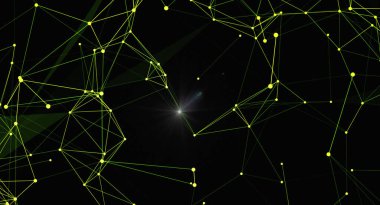 Parlayan sarı düğümler ve yeşil çizgilerden oluşan ve karanlık bir alanda bağlantı kuran modern bir soyut arkaplan. Teknoloji, bilim ve fütüristik kavramlar için mükemmel..