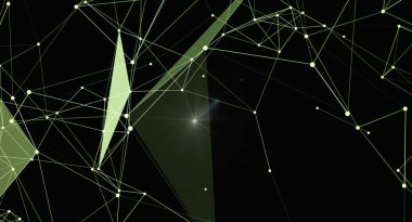 Siyah zemin üzerinde yeşil çizgiler ve noktalar bulunan soyut geometrik ağ arkaplanı. Bağlantıyı, teknolojiyi, bilimi ve veriyi resmediyor. Dijital tasarım ve modern kavramlar için harika..