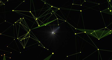 Teknolojik bir ağın görsel olarak büyüleyici soyut bir temsili. Parlak çizgilerle birbirine bağlı parlayan düğümler dijital iletişim ve geleceksel veri transferi hissi yaratıyor. Tekno ile ilgili temalar için uygun