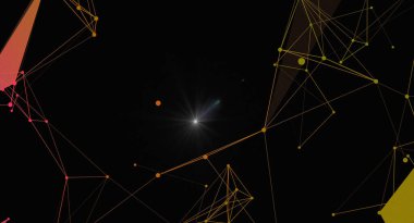 Siyah bir arkaplan ile bir ağ bağlantısının soyut çizimi. Tasarım, veri akışı, teknoloji ve fütüristik kavramları öne sürerek birbirine bağlı çizgiler ve noktalar içerir. Merkezi, parlak bir ışık, bağlantıya vurgu yapar.