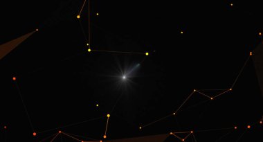 Parlayan ışıkla bağlı düğümlerden oluşan bir ağ içeren soyut bir arkaplan. Teknolojiyi tasvir etmek için mükemmel, veri bağlantısı, ya da fütüristik kavramlar. Arkaplan karanlık, parlak bağlantıları vurguluyor ve görsel olarak çarpıcı 