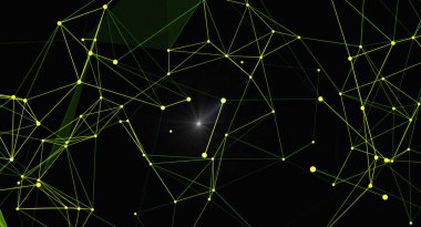 Karanlık bir arkaplan karşısında sarı çizgiler ve düğümlerden oluşan karmaşık bir ağ bağlantısı arkaplanı. Tasarım, bir teknoloji, dijital iletişim ve fütürist bilimi çağrıştırıyor..