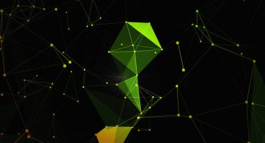 Yeşil ve sarı renkli parlayan düğümler ve onları birbirine bağlayan çizgilerle soyut teknoloji arka planı. Veri ağlarını, dijital iletişimi, bilimsel görselleştirmeyi ve gelecekçi kavramları temsil eder.