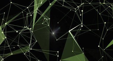 Bağlı çokgenlerden oluşan bir ağ ve karanlık bir arkaplanda parlayan düğümlerden oluşan soyut bir arkaplan. Teknoloji, bilim, veri bağlantıları ve modern tasarımlarla ilgili konular için ideal.