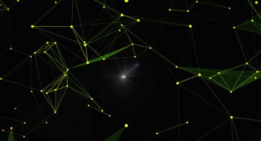 Parlayan düğümler ve çizgilerle bir ağ bağlantısının siyah bir arkaplan karşısında soyut bir canlandırması. Bu resim veri bilimi, yapay zeka ve modern teknoloji ile ilgili kavramları resmetmek için idealdir..