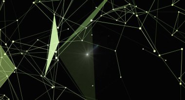 Karanlık bir arkaplan üzerinde birbirine bağlı düğümler ve satırlar olan soyut ağ bağlantısı arkaplanı. Bu resim karmaşık bir sistemi, veri transferini ve dijital dünyayı temsil ediyor. Teknoloji, bilim ve gelecek kavramları için uygundur..