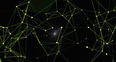 Parlak çizgiler ve noktaları birleştiren soyut dijital arkaplan. Karanlık zemin üzerinde gelecekten gelen çokgen yapı. Teknoloji, internet ve ağ bağlantısı kavramı. Vektör illüstrasyonu.